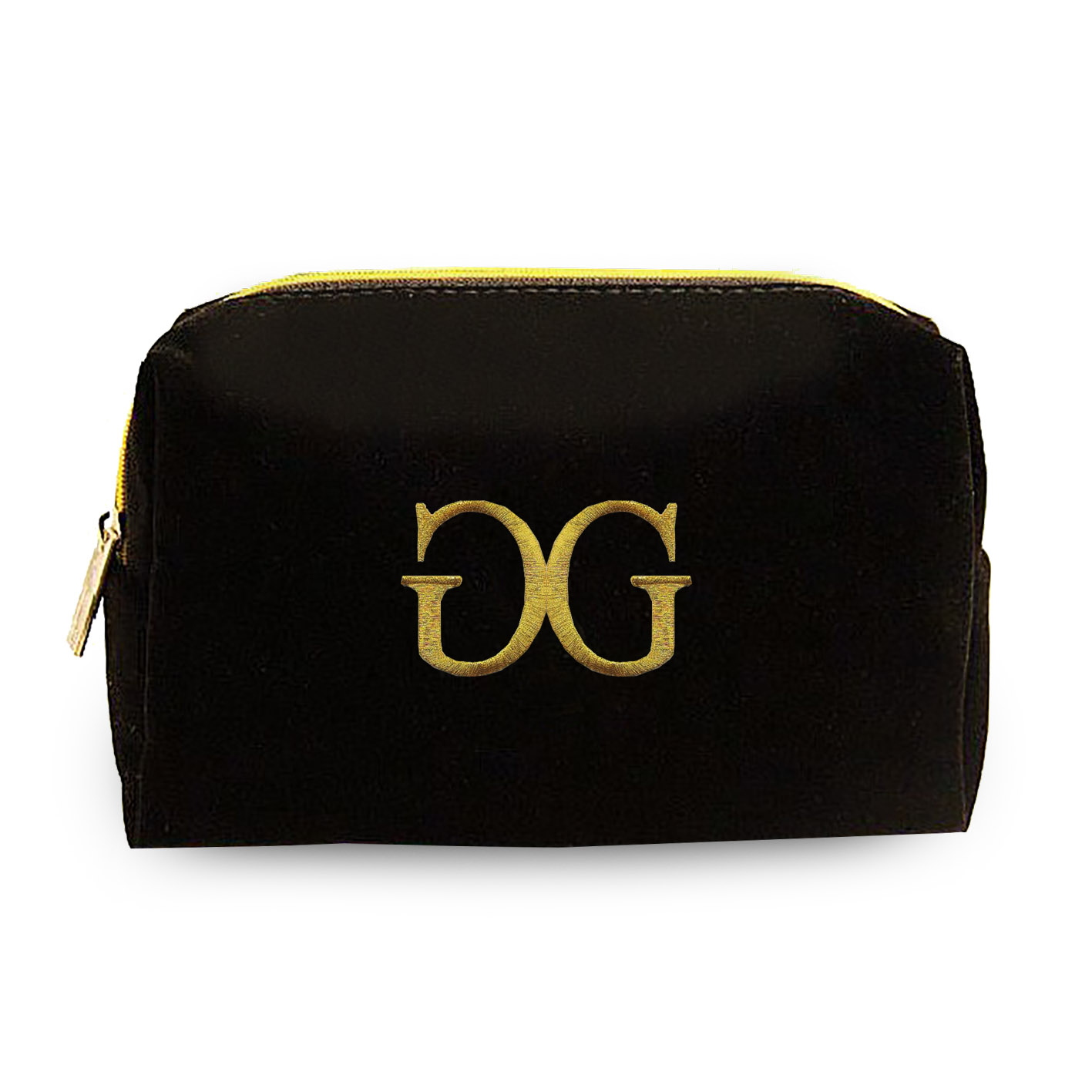 Black Velvet Cosmetic Bag With Metallic Gold Embroidery